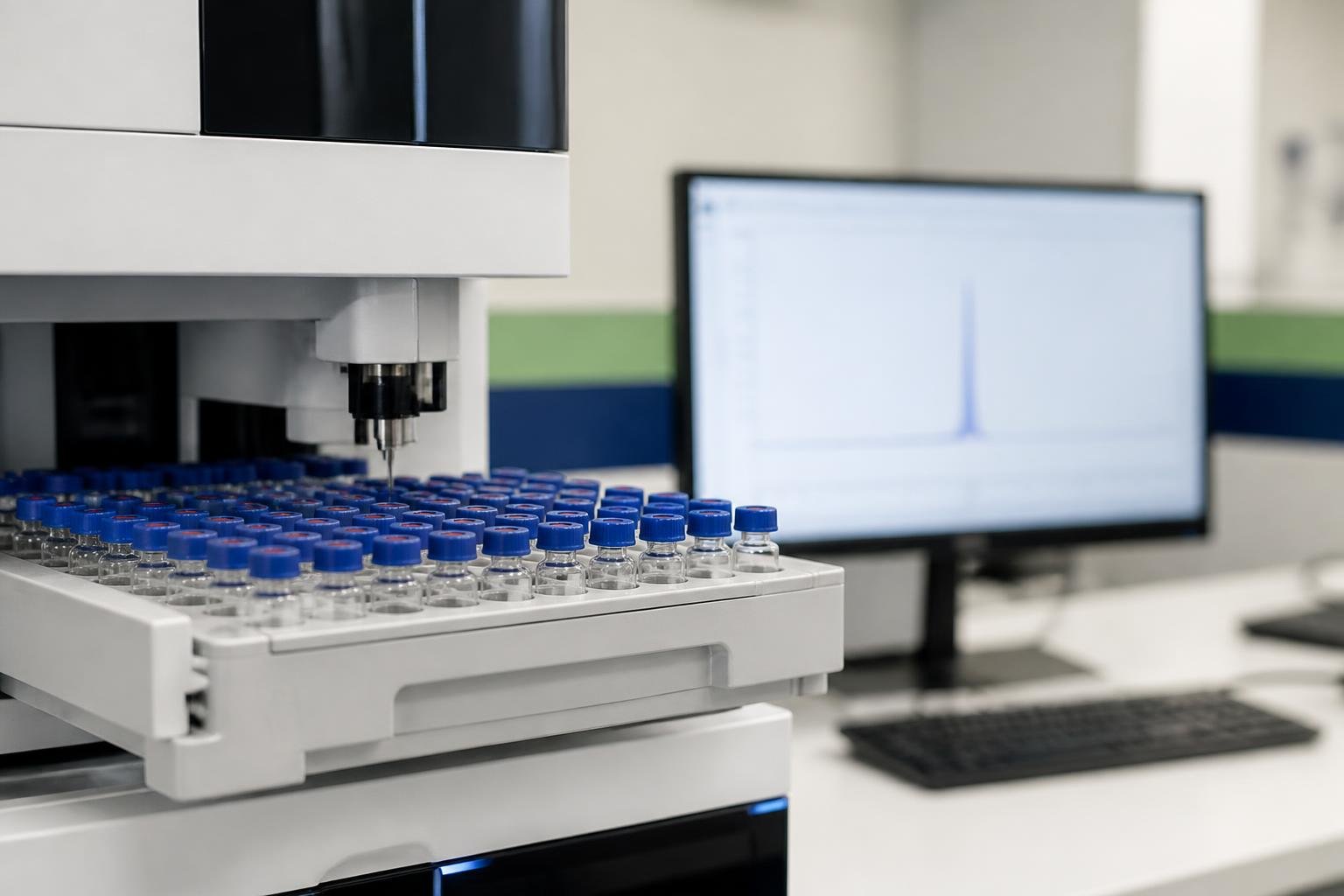 HPLC analytical instrument with an autosampler tray of sample vials