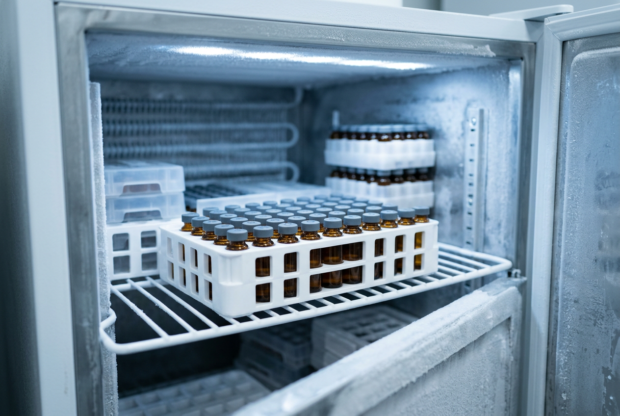 Open laboratory freezer with racks of amber glass vials