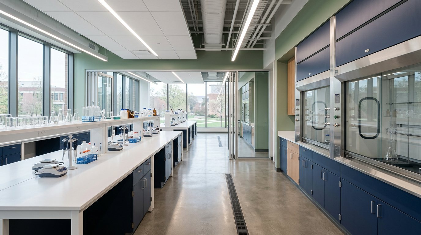 Bright modern research laboratory with white benches and navy cabinetry