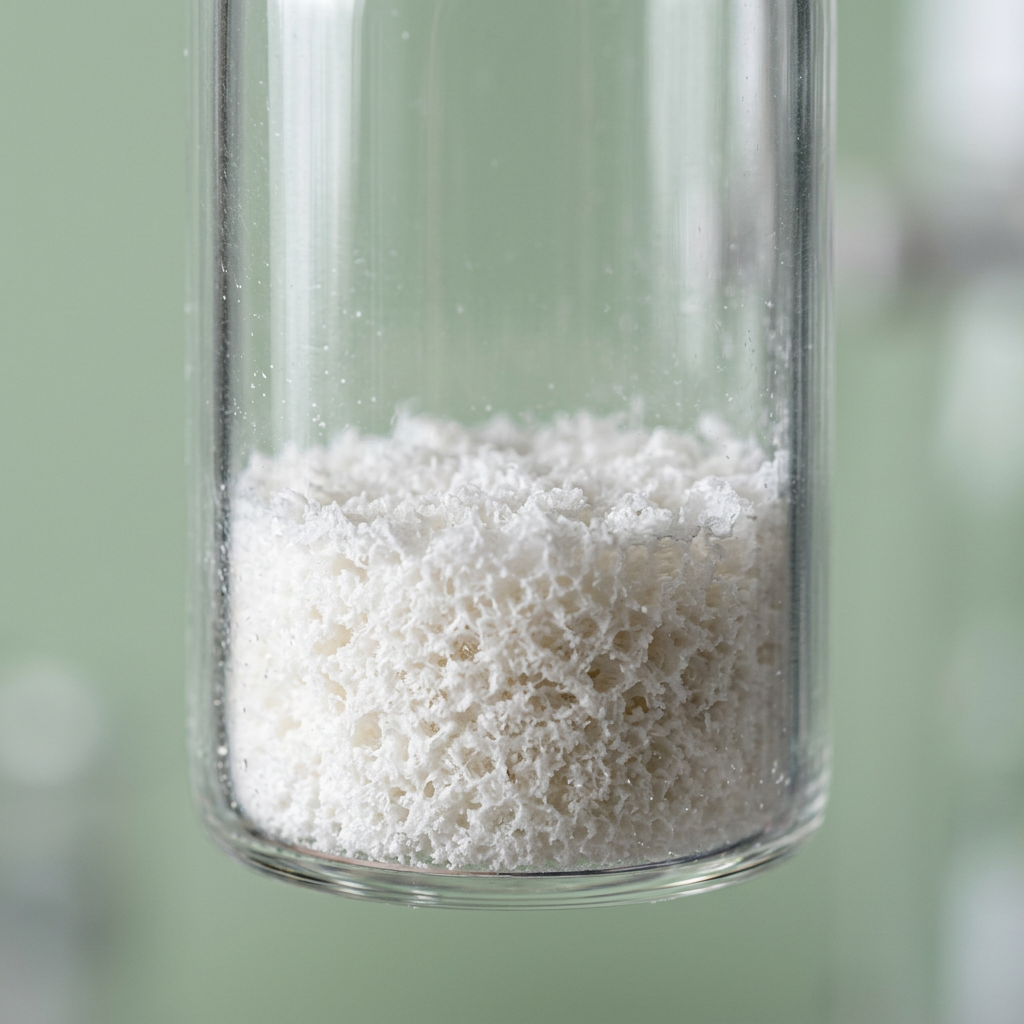 Close-up of white freeze-dried peptide powder in a glass vial