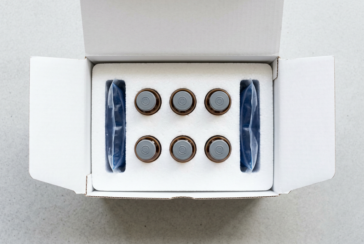 Insulated shipping box with amber vials in foam and cold packs